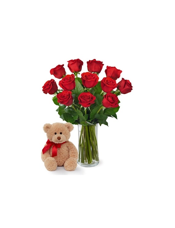 JNS Red Rose Bouquet with Bear Love
